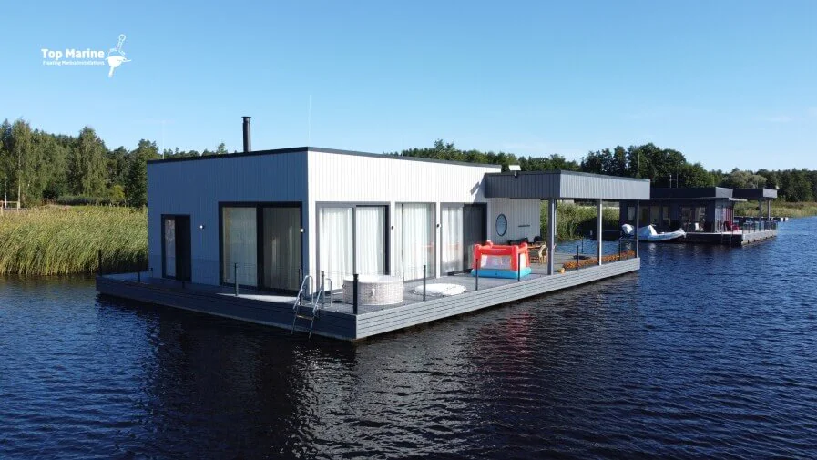 Floating house on allconcrete platform in Latvia