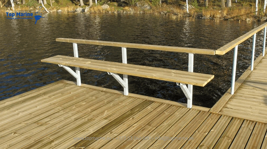 Top Marine pontoon railing with integrated bench, offering safety and comfort for marina users.