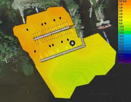 Top Marine heavy-duty floating pontoon with hydrographic charts, designed for precise and secure boat docking.